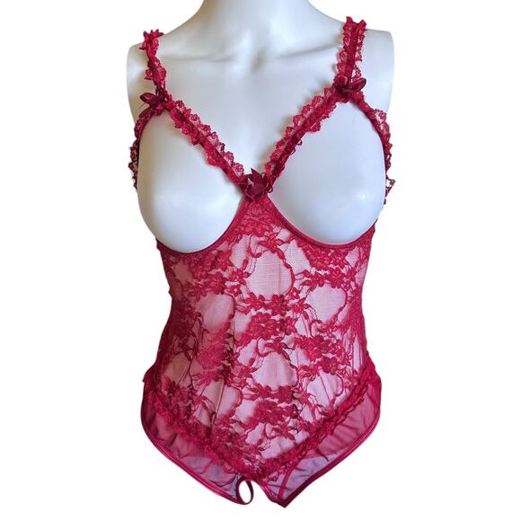 Erotic Red Lace Open Bust Hollow Out Open Crotch Bodysuit Sexy Lingerie - Picture 2 of 9